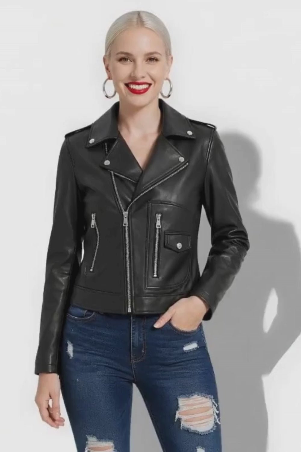 Veste noire en cuir pour femme style perfecto en cuir d'agneau véritable