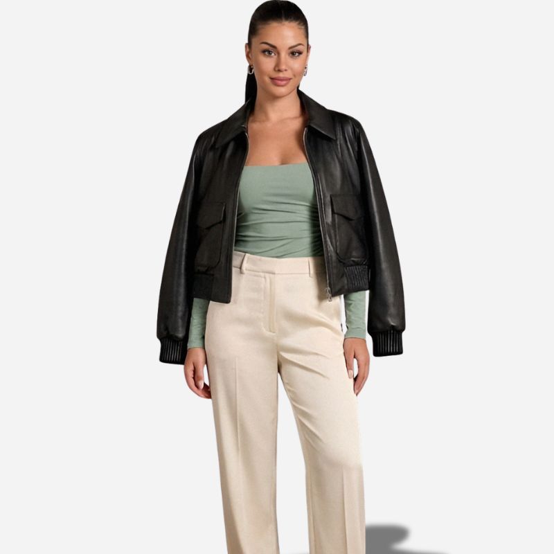 Veste courte en cuir veritable pour femme