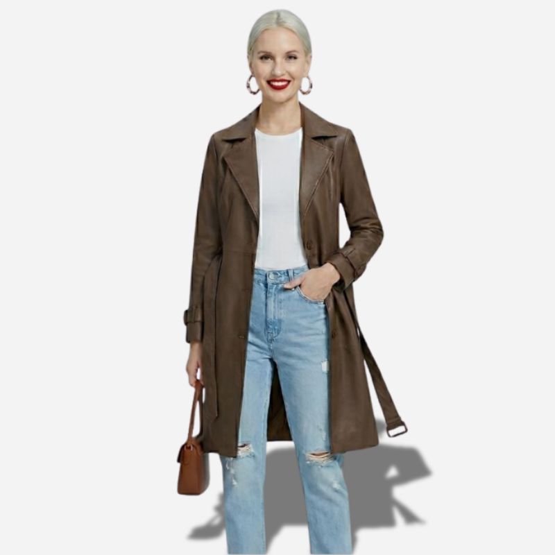 Veste en cuir 3/4 marron avec ceinture pour femme
