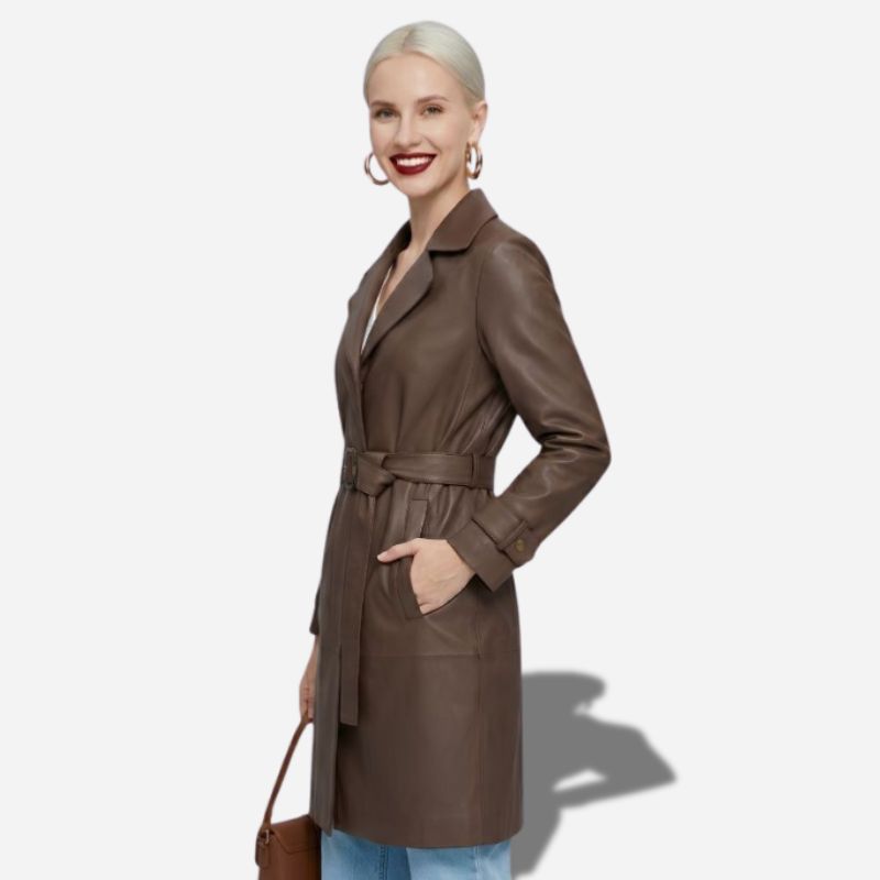 Veste en cuir 3/4 marron avec ceinture pour femme