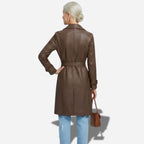 Veste en cuir 3/4 marron avec ceinture pour femme