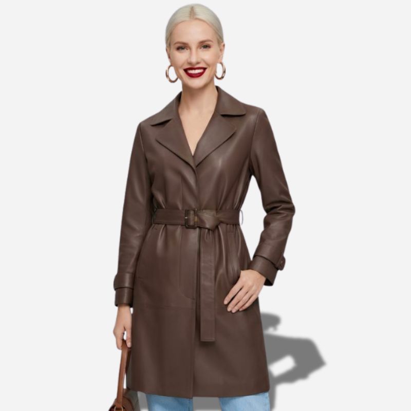 Veste en cuir 3/4 marron avec ceinture pour femme