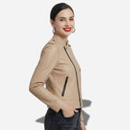 Veste en cuir marron clair pour femme style perfecto biker