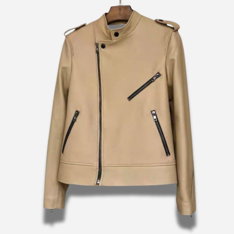 Veste en cuir marron clair pour femme style perfecto biker
