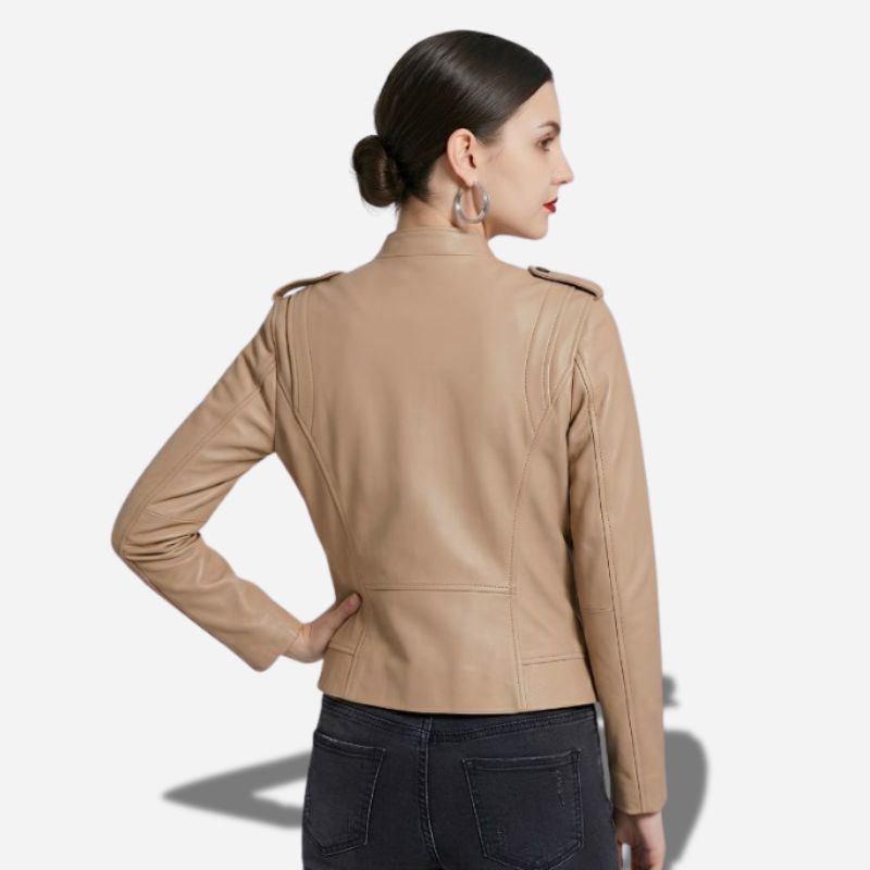 Veste en cuir marron clair pour femme style perfecto biker