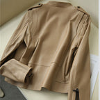 Veste en cuir marron clair pour femme style perfecto biker