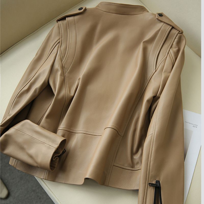 Veste en cuir marron clair pour femme style perfecto biker