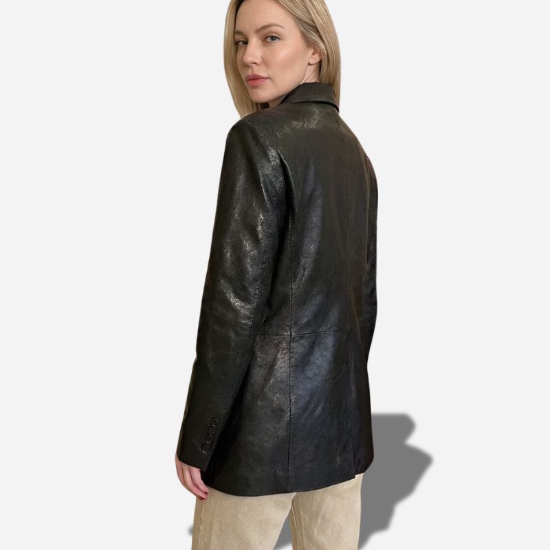 Veste en cuir longue pour femme style blazer en cuir véritable