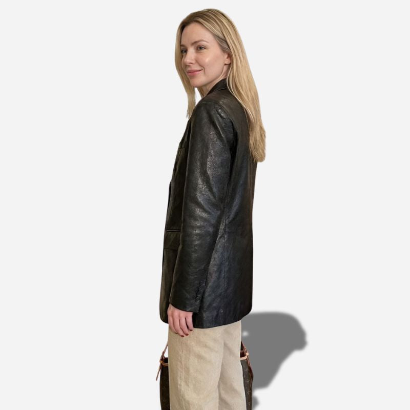 Veste en cuir longue pour femme style blazer en cuir véritable