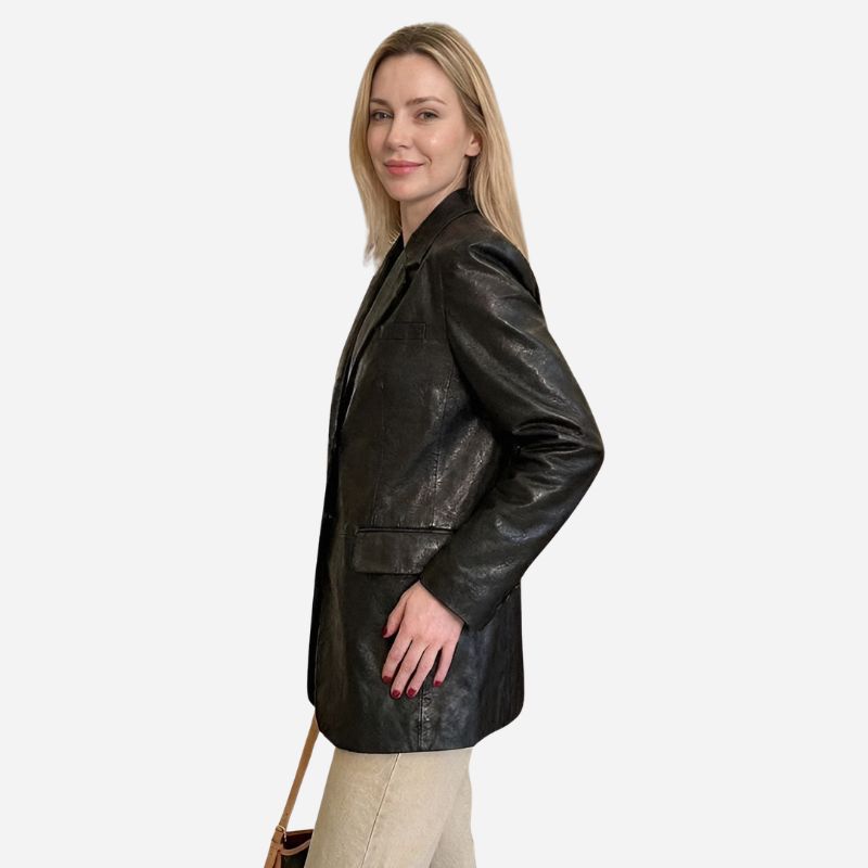 Veste en cuir longue pour femme style blazer en cuir véritable