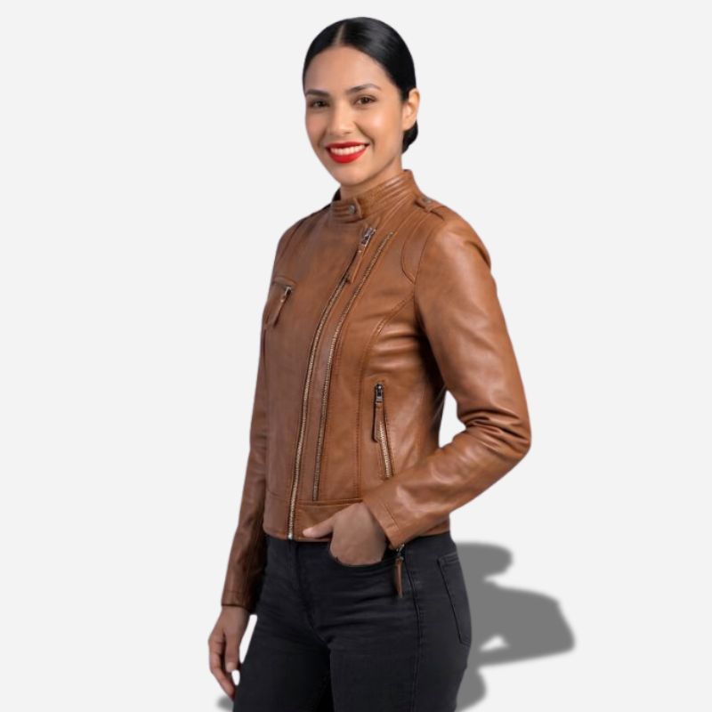 Une veste en cuir femme marron clair cintrée élégante en cuir véritable