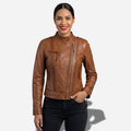 Une veste en cuir femme marron clair cintrée élégante en cuir véritable