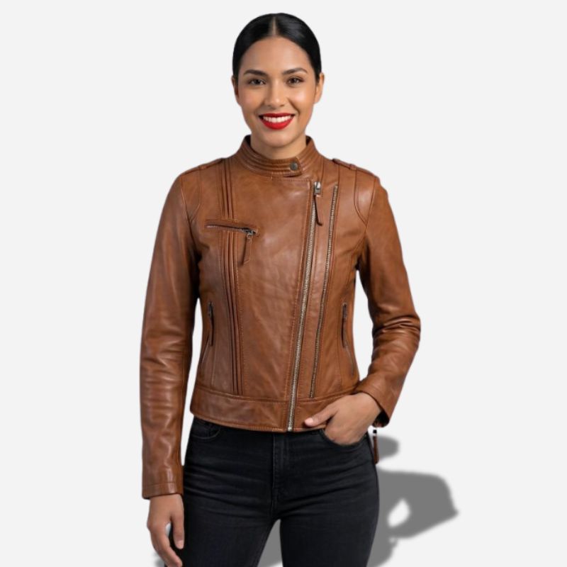 Une veste en cuir femme marron clair cintrée élégante en cuir véritable