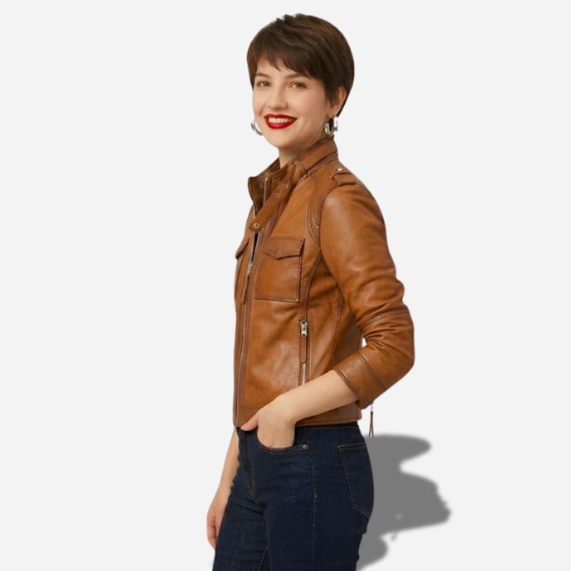 Veste en cuir femme marron rétro