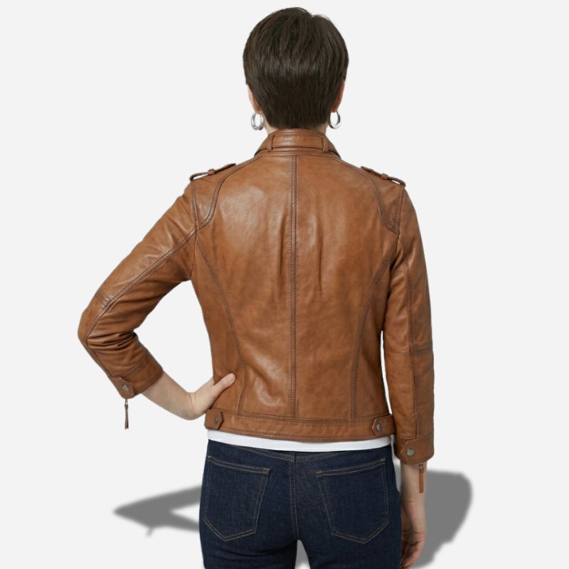Veste en cuir femme marron rétro