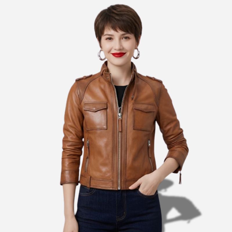 Veste en cuir femme marron rétro