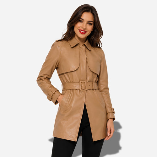 Veste en cuir longue pour femme avec ceinture 