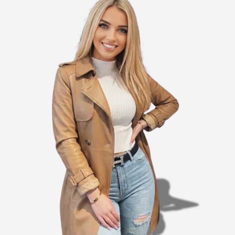 Veste en cuir longue pour femme avec ceinture a la taille de couleur camel
