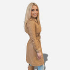 Veste en cuir longue pour femme avec ceinture a la taille de couleur camel