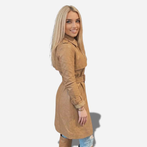 Veste en cuir longue pour femme avec ceinture a la taille de couleur camel