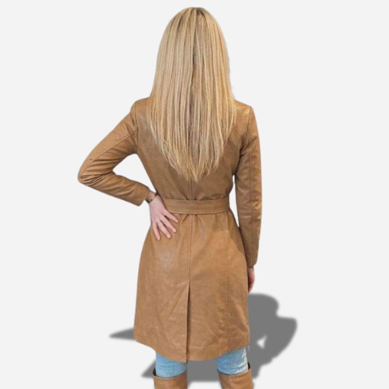 Veste en cuir longue pour femme avec ceinture a la taille de couleur camel