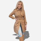 Veste en cuir longue pour femme avec ceinture a la taille de couleur camel