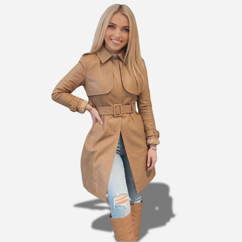 Veste en cuir longue pour femme avec ceinture a la taille de couleur camel