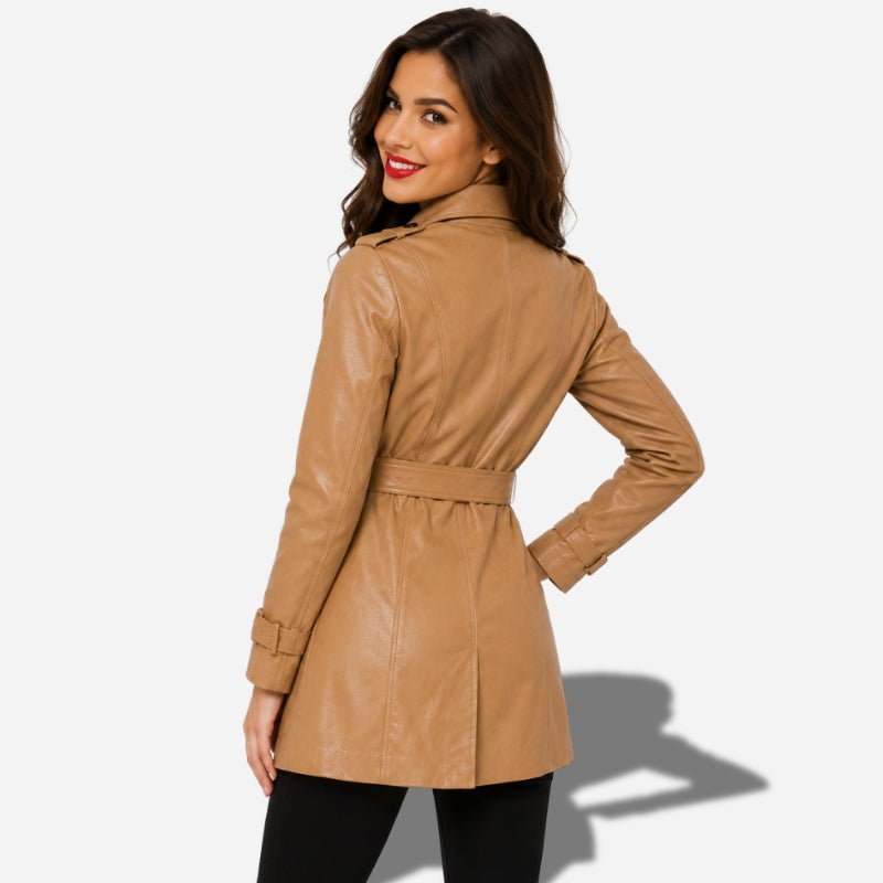 Veste en cuir longue pour femme avec ceinture 