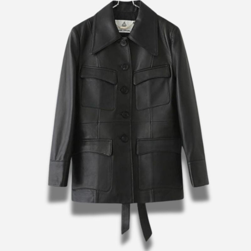 Veste en cuir longue pour femme noir en cuir de chevre