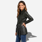 Veste en cuir longue pour femme noir en cuir de chevre