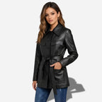 Veste en cuir longue pour femme noir en cuir de chevre