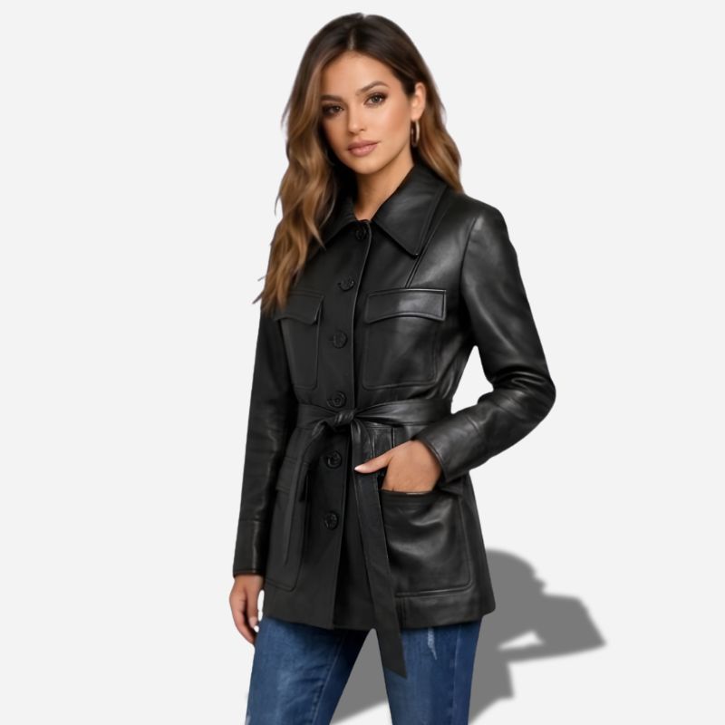 Veste en cuir longue pour femme noir en cuir de chevre