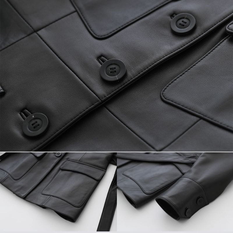 Veste en cuir longue pour femme en cuir de chevres avec ceinture et boutons 