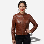 Jolie veste en cuir marron cintrée pour femme avec un cirage élégant