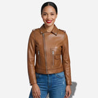 Magnifique veste en cuir marron pour femme avec col chemise et fermetures a zip