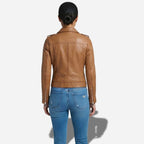 Magnifique veste en cuir marron pour femme avec col chemise et fermetures a zip