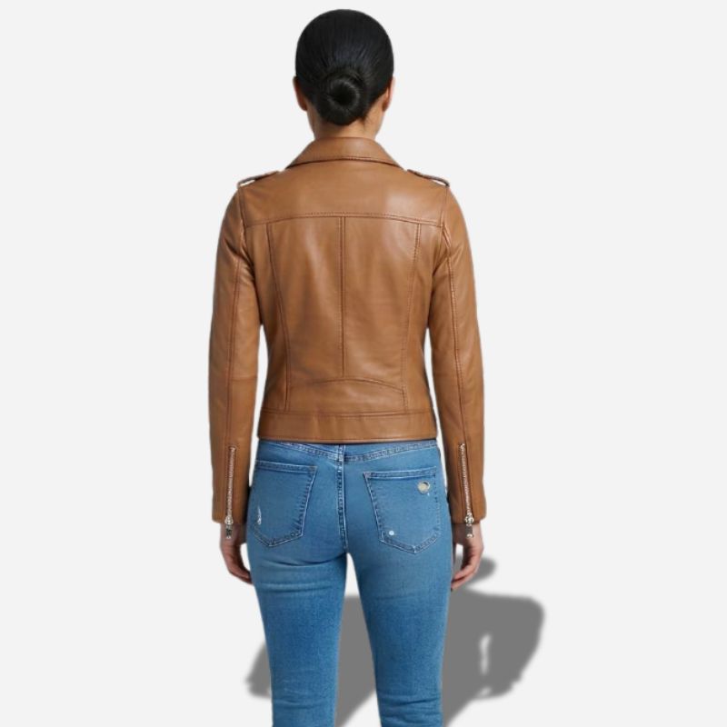 Magnifique veste en cuir marron pour femme avec col chemise et fermetures a zip