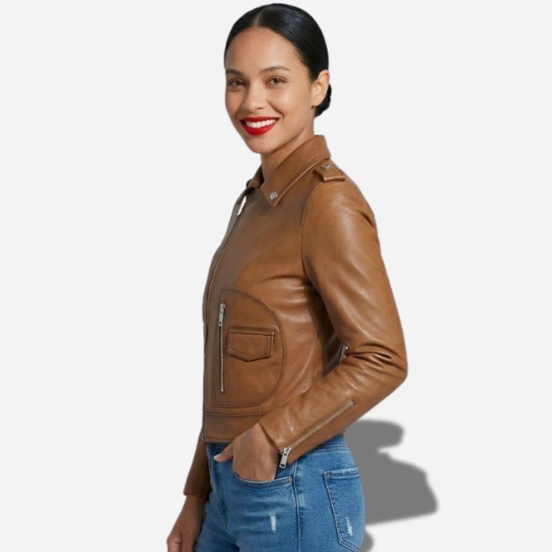 Magnifique veste en cuir marron pour femme avec col chemise et fermetures a zip