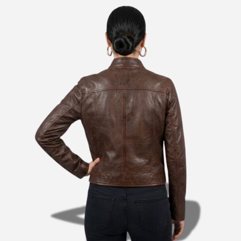 Veste en cuir marron foncé pour femme en cuir véritable