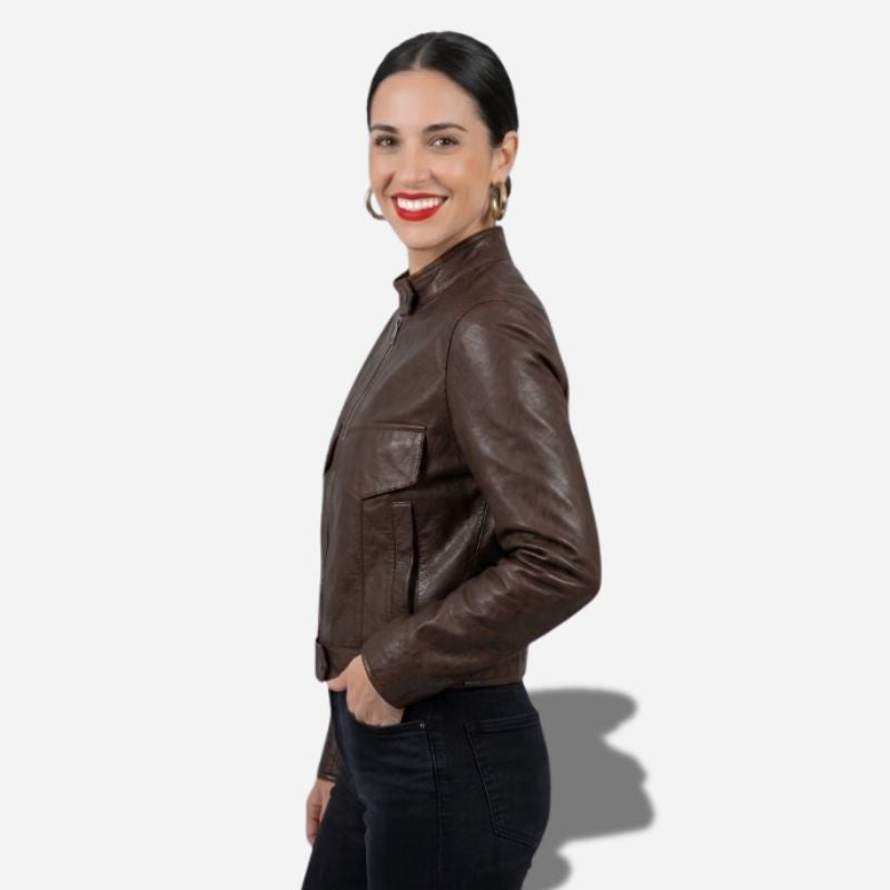 Veste en cuir marron foncé pour femme en cuir véritable