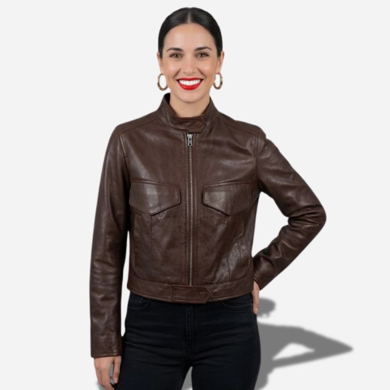 Veste en cuir marron foncé pour femme en cuir véritable