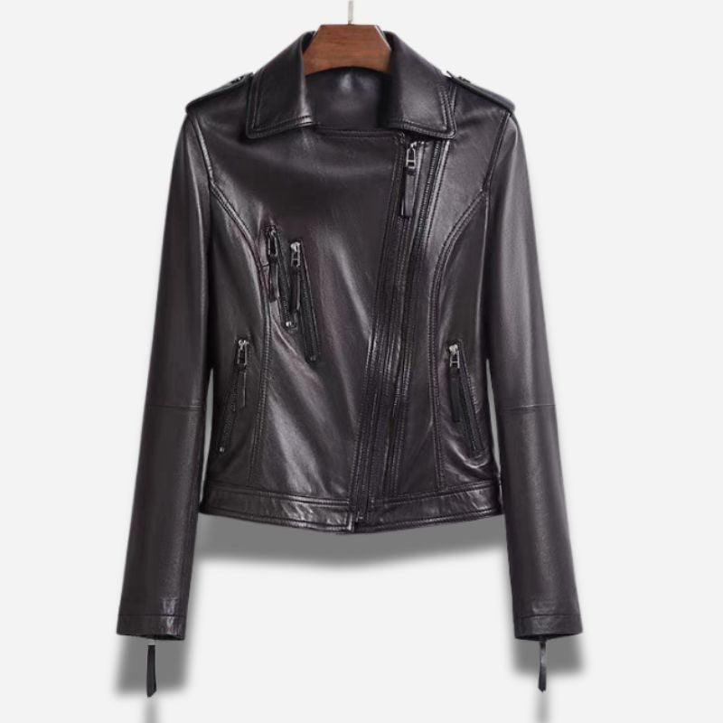 Veste en cuir de moto our femme de couleur noir en cuir véritable de mouton