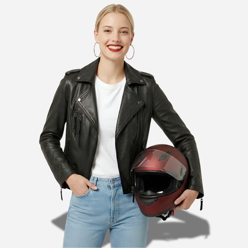 Veste en cuir de moto our femme de couleur noir en cuir véritable de mouton