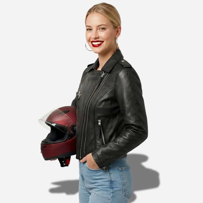 Veste en cuir de moto our femme de couleur noir en cuir véritable de mouton