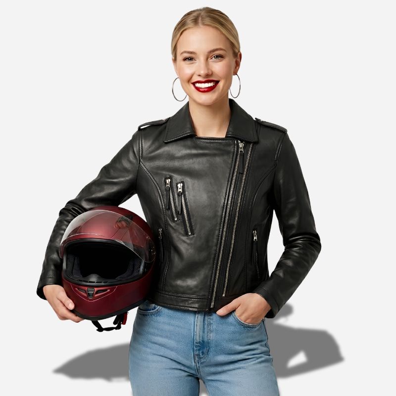 Veste en cuir de moto our femme de couleur noir en cuir véritable de mouton