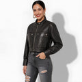 Veste en cuir noir courte pour femme en cuir d'agneau véritable