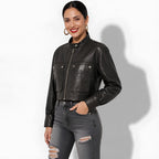 Veste en cuir noir courte pour femme en cuir d'agneau véritable