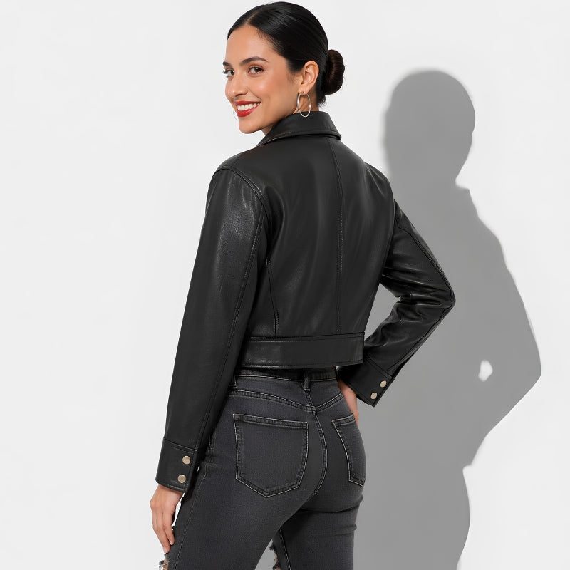 Veste en cuir noir courte pour femme en cuir d'agneau véritable