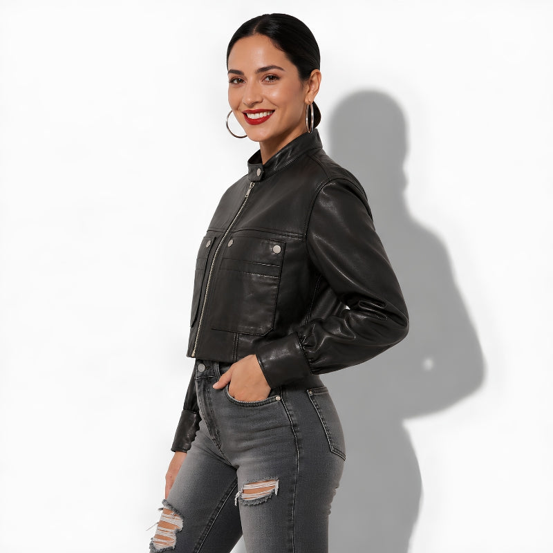 Veste en cuir noir courte pour femme en cuir d'agneau véritable