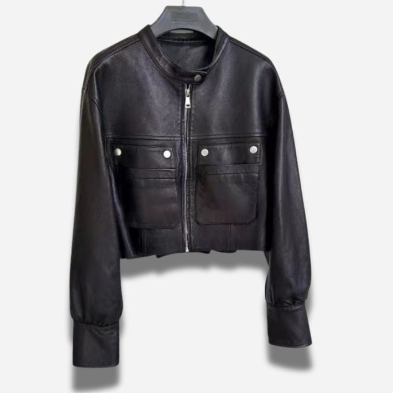 Veste en cuir veritable courte pour femme de couleur noir